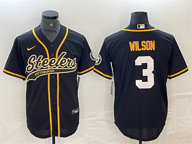 Men's Pittsburgh Steelers #3 Russell Wilson Black With Patch Cool Base Stitched Baseball Jersey